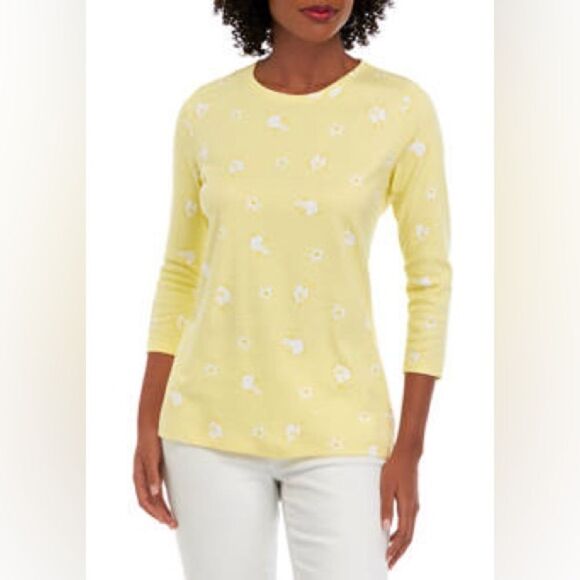 Kim Rogers Women's Floral Bunny 3/4 Sleeve Crew Neck Printed Top Size Large - Picture 1 of 6